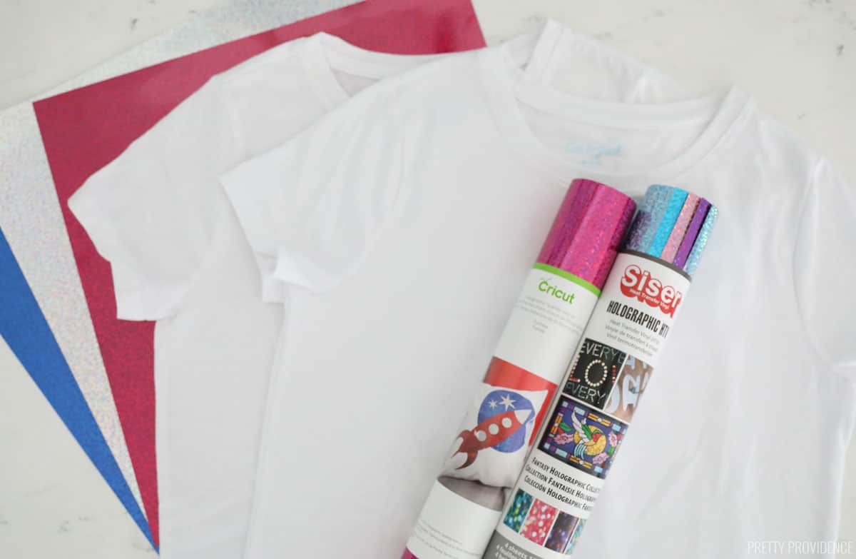 holographic sparkle iron-on siser and cricut brands on a white t-shirt