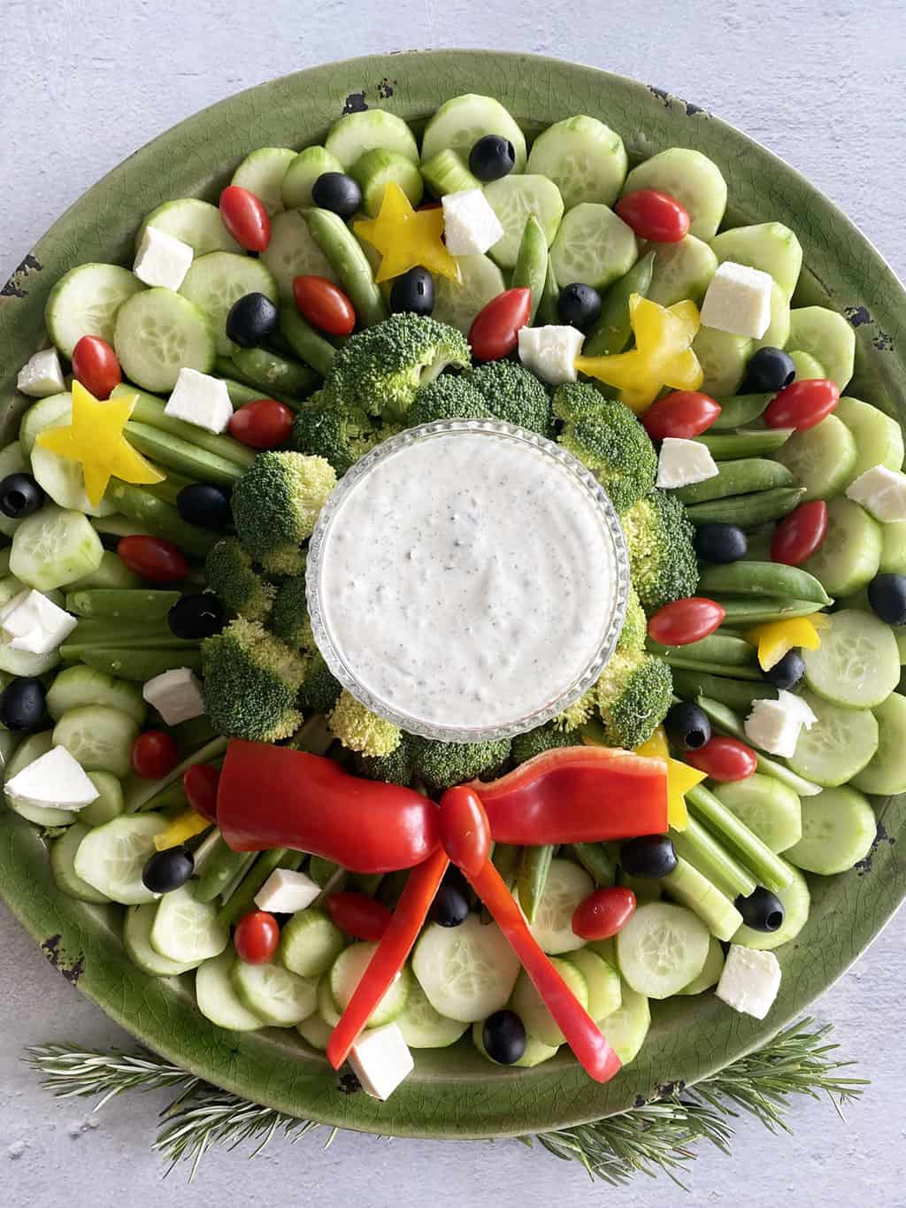 A bird's eye view of a Christmas Wreath Veggie Tray.