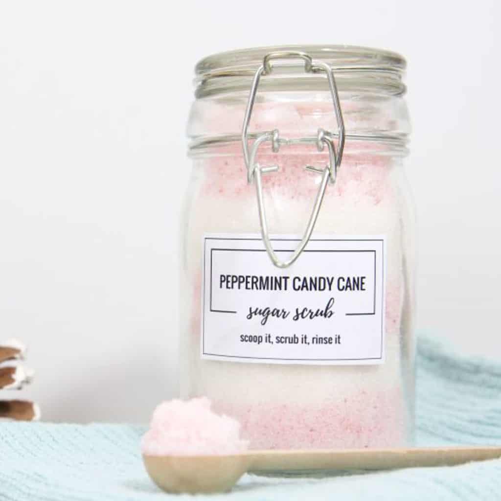 candy cane sugar scrub from the idea room with label.