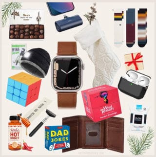 A collage of 16 items men might enjoy finding in their stockings.