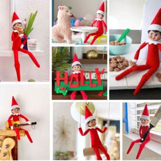 Collage of photos of Elf on the Shelf doing funny elf things.