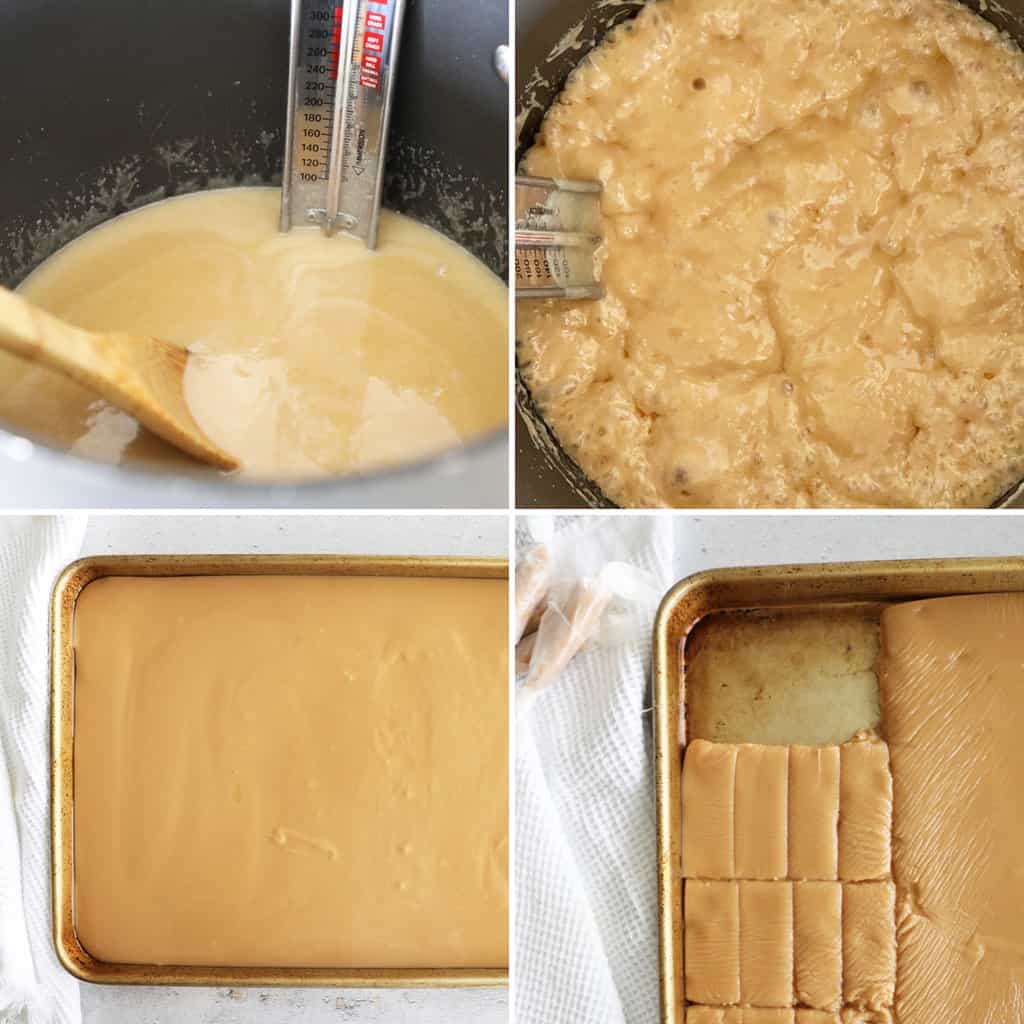 Four images in a collage showing steps for making homemade soft caramels.
