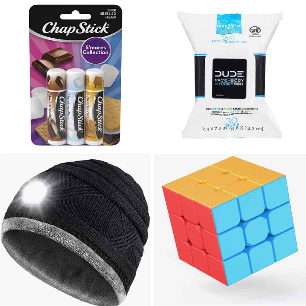 Chapstick, dude wipes, a beanie and a rubiks cube in a collage. 
