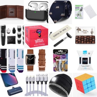 A collage of 16 items men might enjoy finding in their stockings.