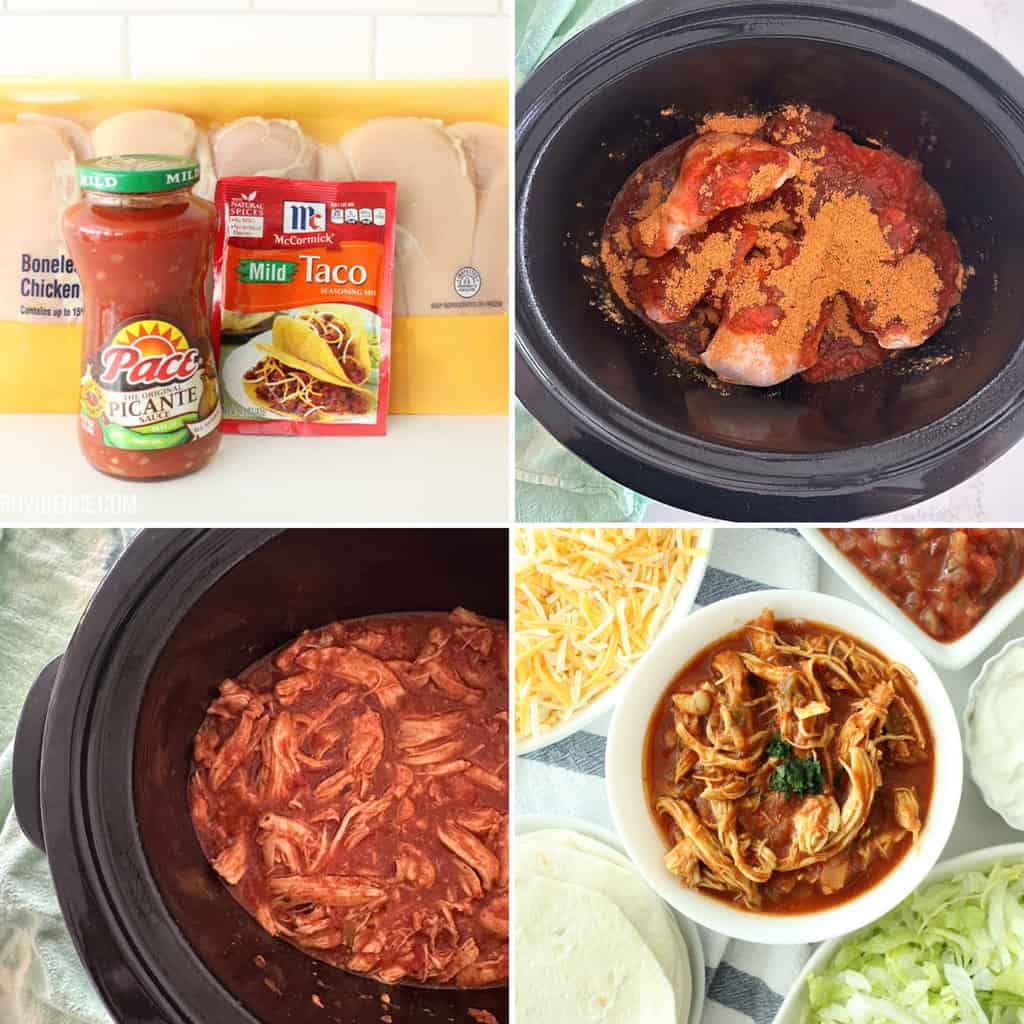 Photo collage showing steps for making salsa chicken tacos in the crockpot.