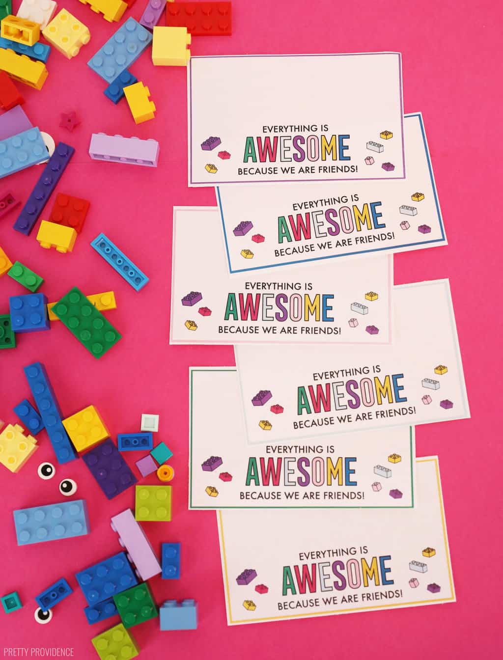 Lego Valentines for kids that say 'Everything is Awesome because we are friends.'