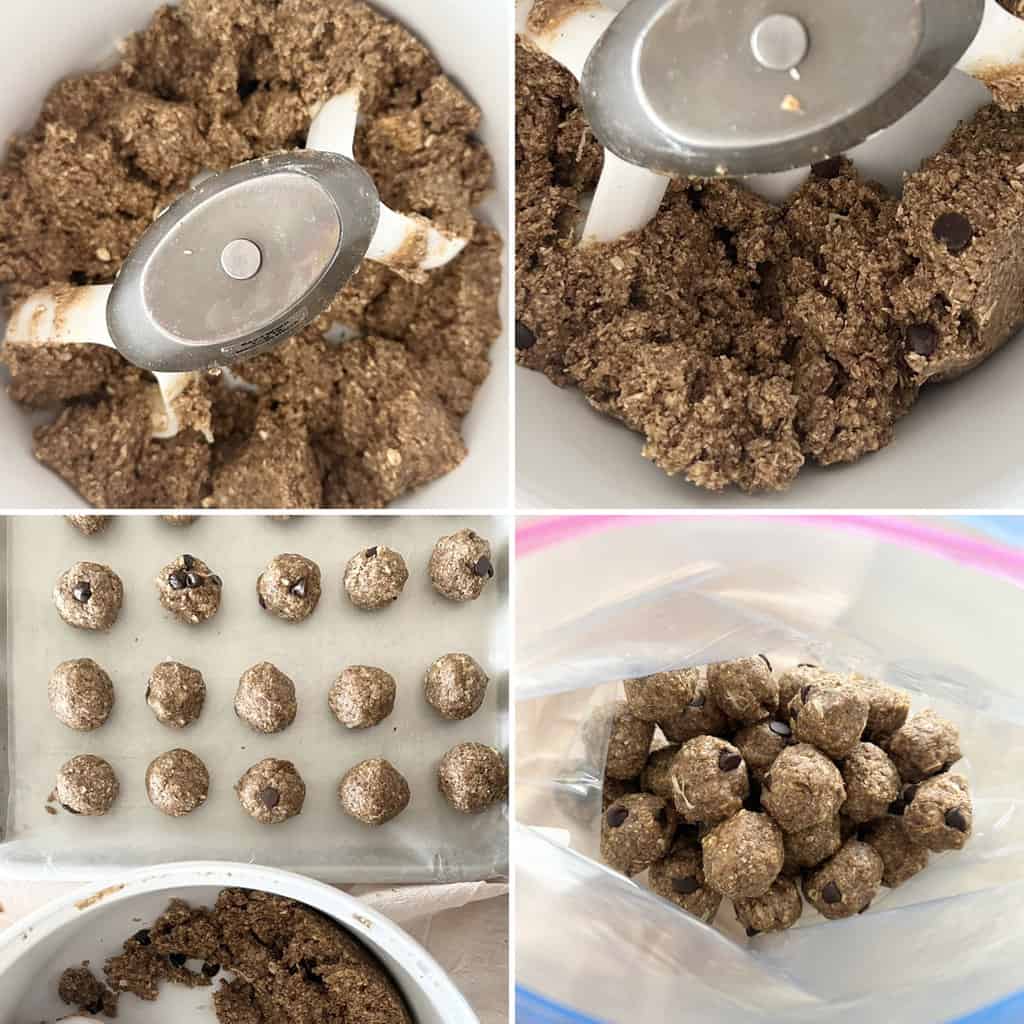 Photo collage showing the steps for making a protein ball recipe.