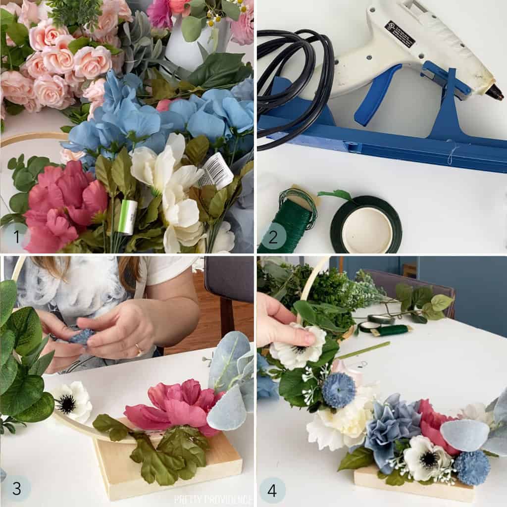 Step by step gluing faux florals onto a hoop centerpiece.