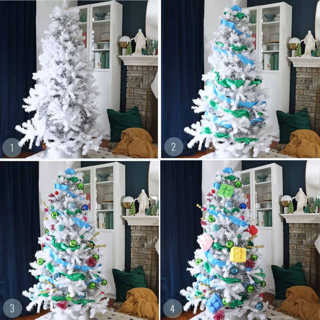 Collage of four photos of the process decorating a white christmas tree with colorful ornaments and ribbon.