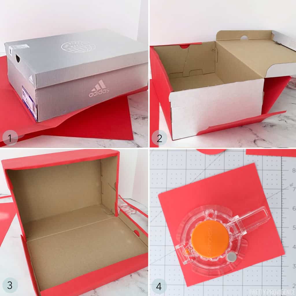 collage of steps to make lego out of a shoebox and red paper.