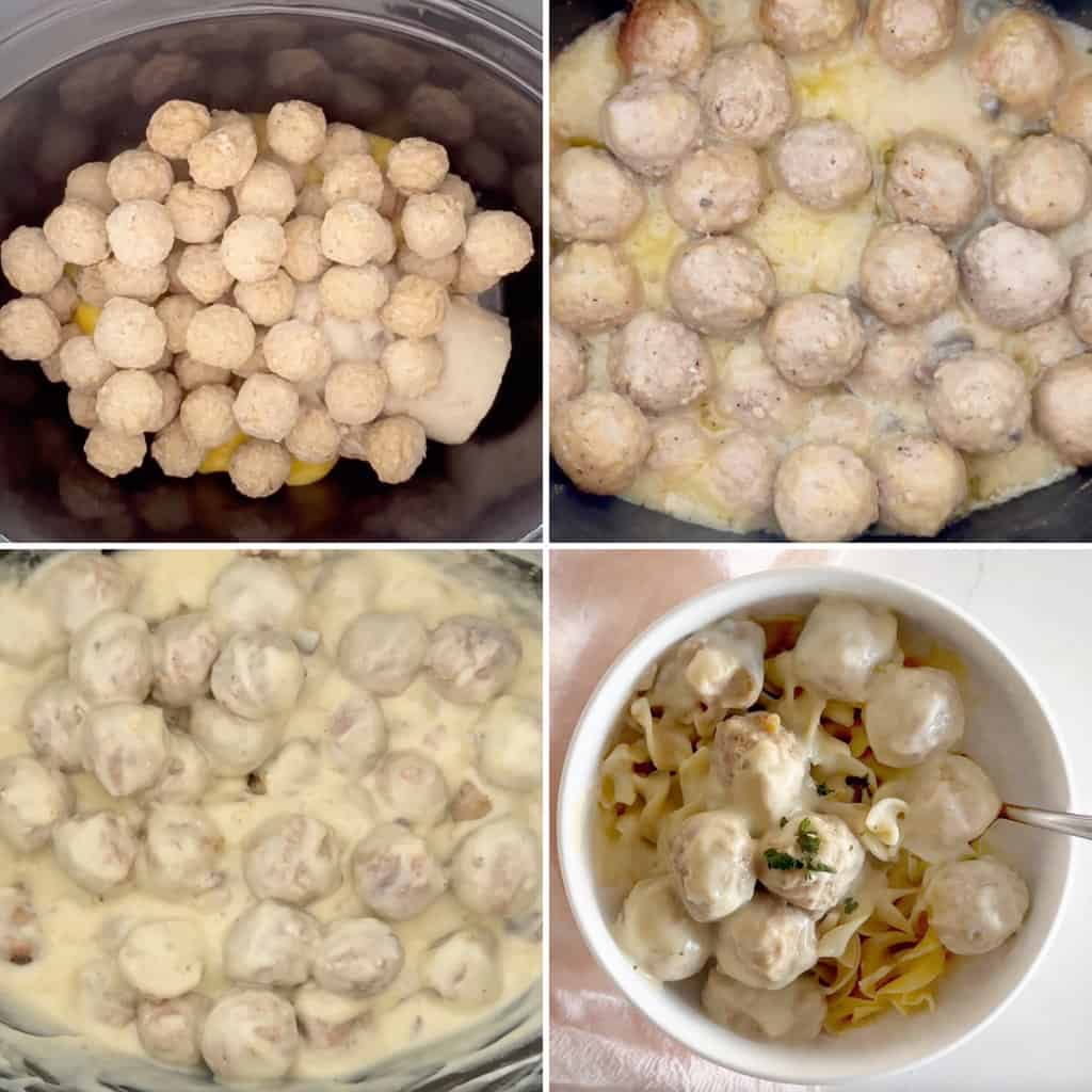 Four images in a collage showing how to make crockpot meatball stroganoff.