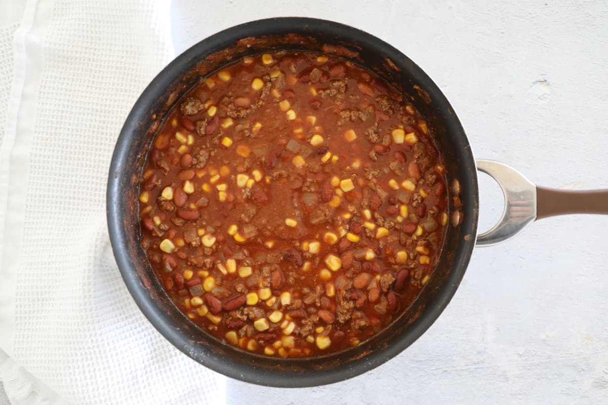 A large pot of taco soup on a countertop.