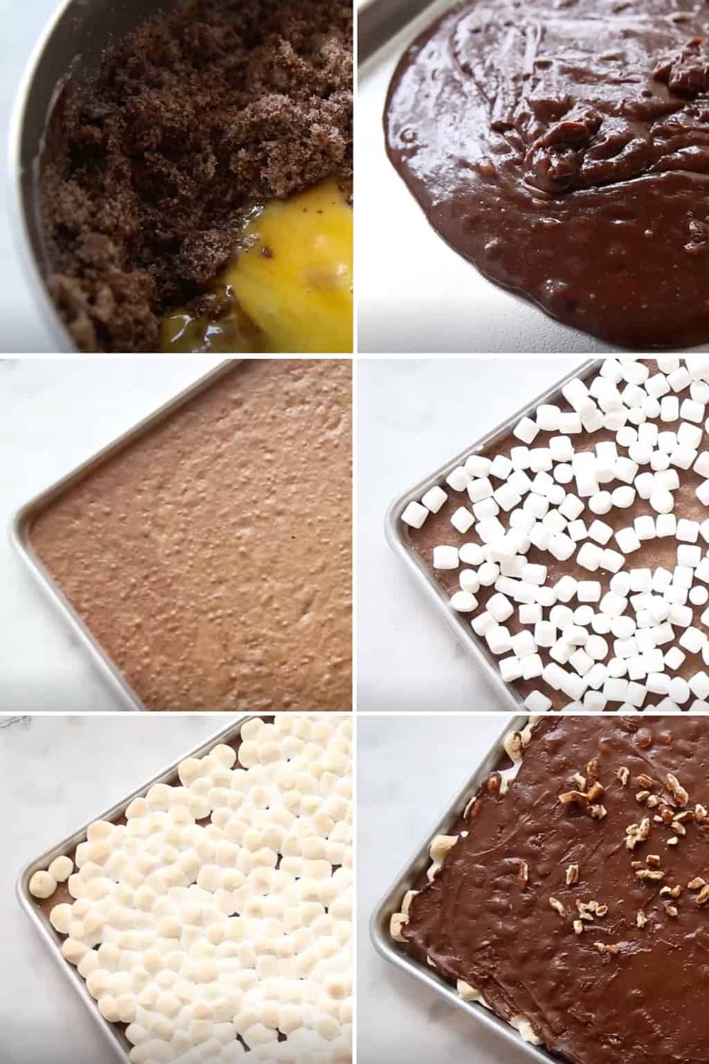 Six photos in a collage showing detailed steps of how to make rocky road brownies.
