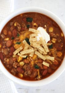A white bowl full of easy taco soup recipe.