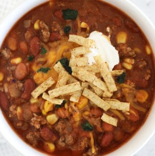 A white bowl full of easy taco soup recipe.