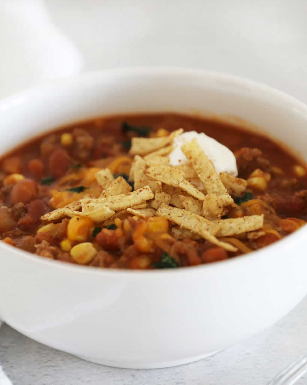 Side view of a bowl of taco soup.