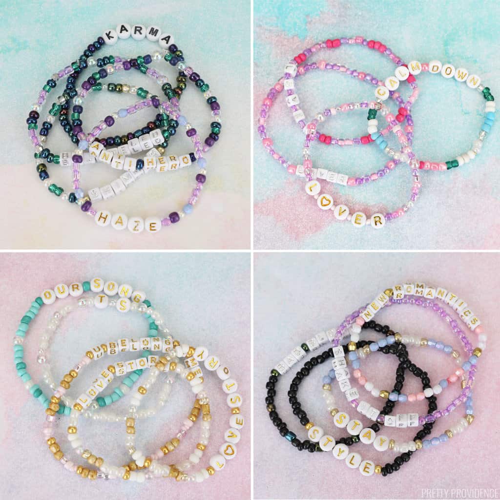 Taylor Swift bracelets ideas by album, friendship bracelets for Eras tour arranged by color on a pink and blue lover inspired backdrop. 