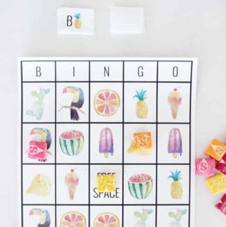 Top half of a summer bingo board with starbursts for markers.