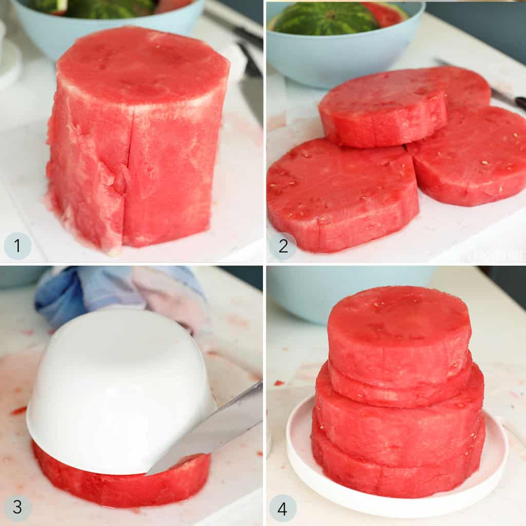 Fresh watermelon cake, step by step directions to cut watermelon into cake shape.