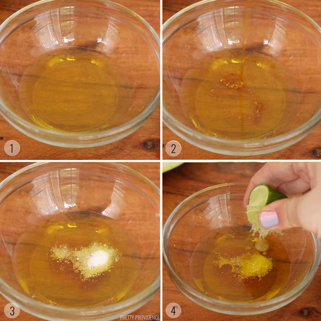 Collage with four photos showing the process to make a simple honey lime salad dressing.
