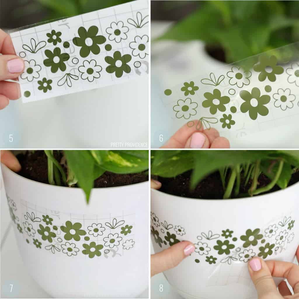 Step-by-step collage using transfer tape to apply green vinyl vintage pyrex pattern to a plant pot.
