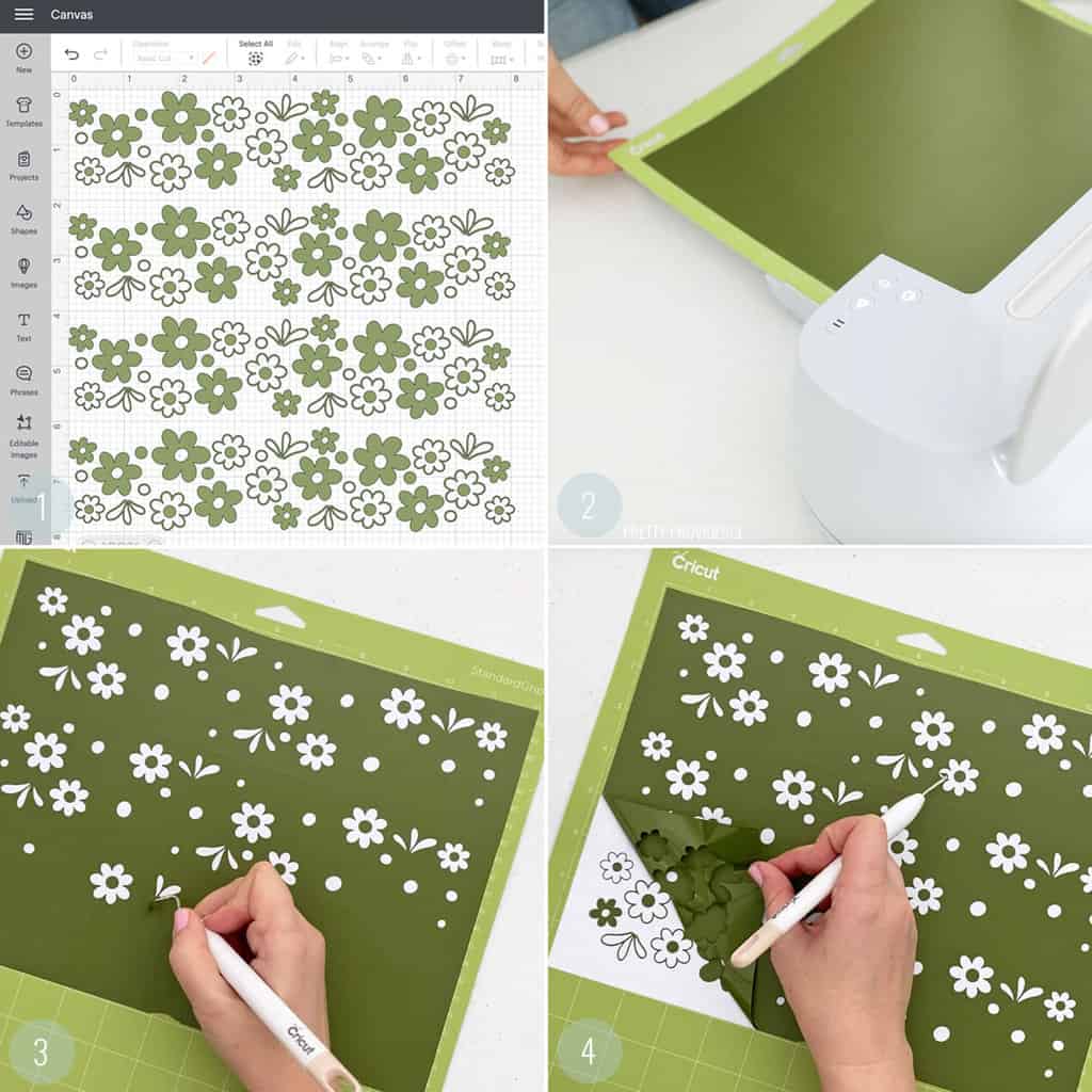 Step-by-step collage of process to cut vintage pyrex bowl pattern with daisies with cricut and green vinyl. 