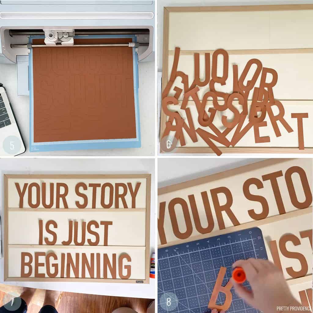 Step by step collage - cutting letters out of brown card stock on a Cricut machine, arranging the letters on a board, and gluing letters onto the sign.