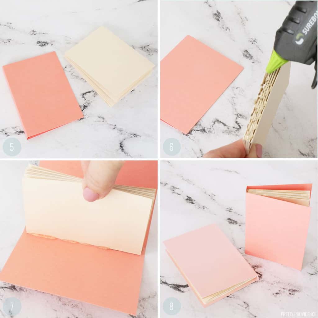 Collage of steps to make small paper book out of card stock and putting it together with hot glue.