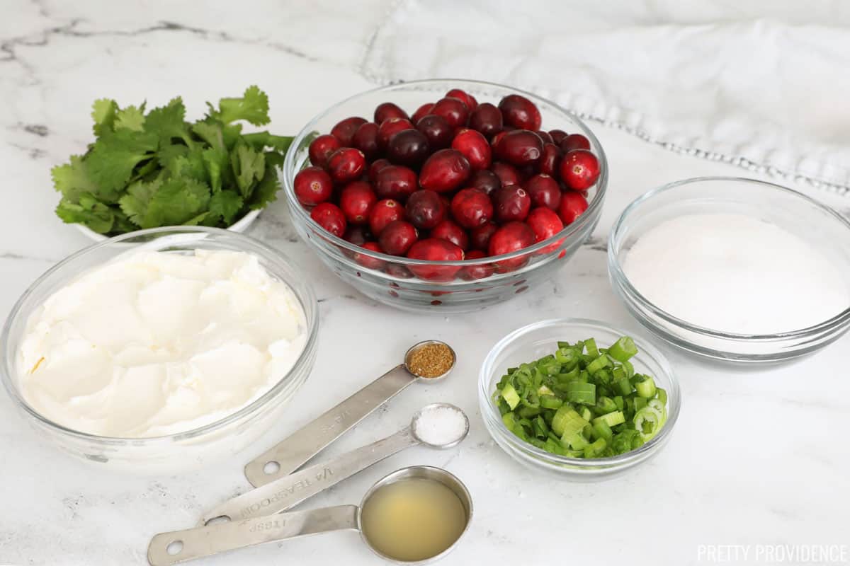 Small bowls of fresh whole cranberries, cream cheese, sugar, cilantro, and green onions with measuring spoons holding lime juice, cumin and salt on a marble surface.