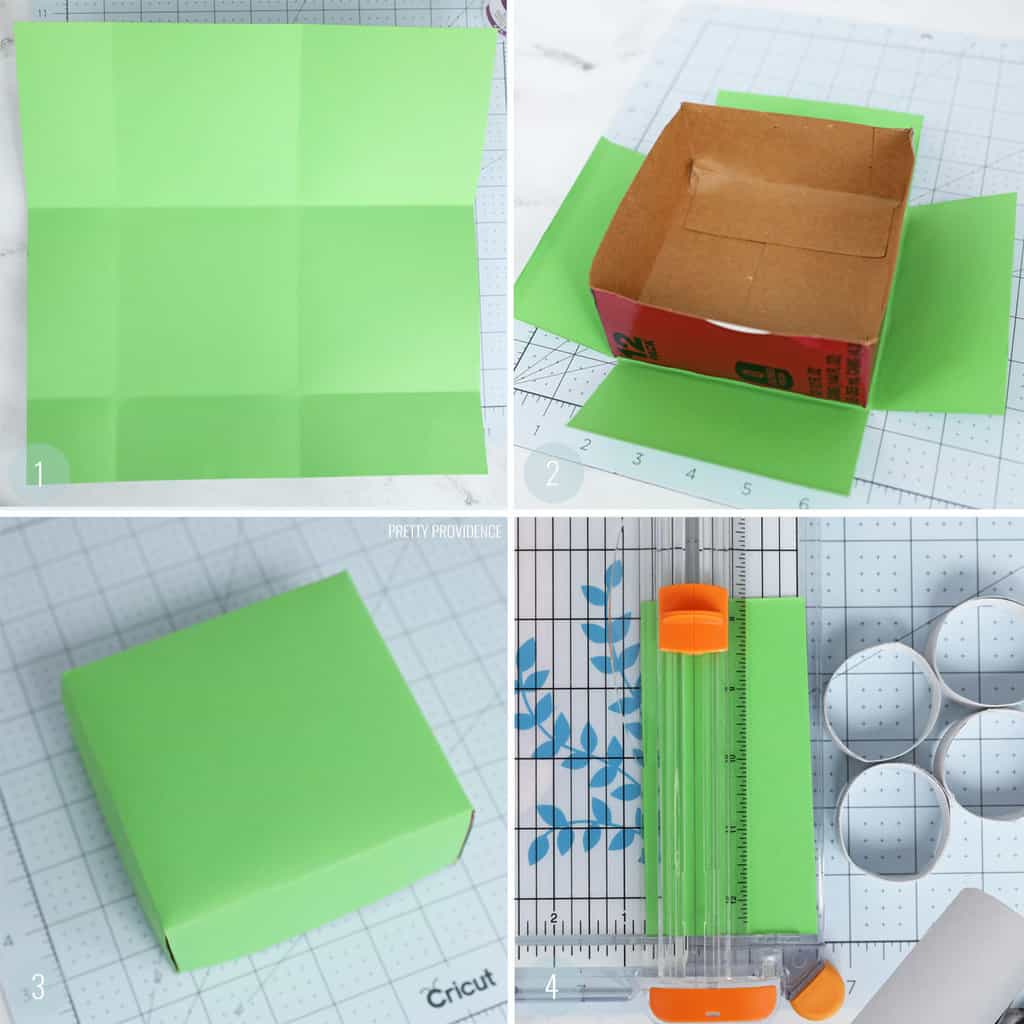 Step by step collage showing the steps to wrap a box to look like a Lego brick.