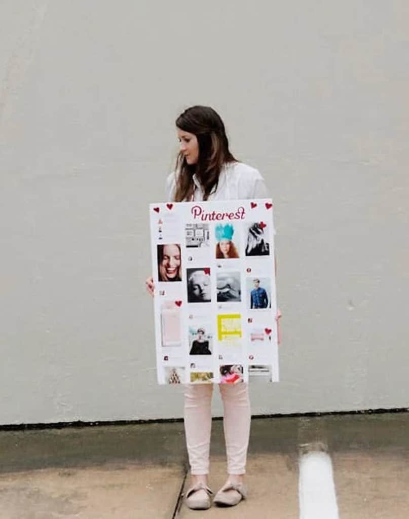 Woman wearing a 'Pinterest' costume made out of posterboard and paper by See Kate Sew