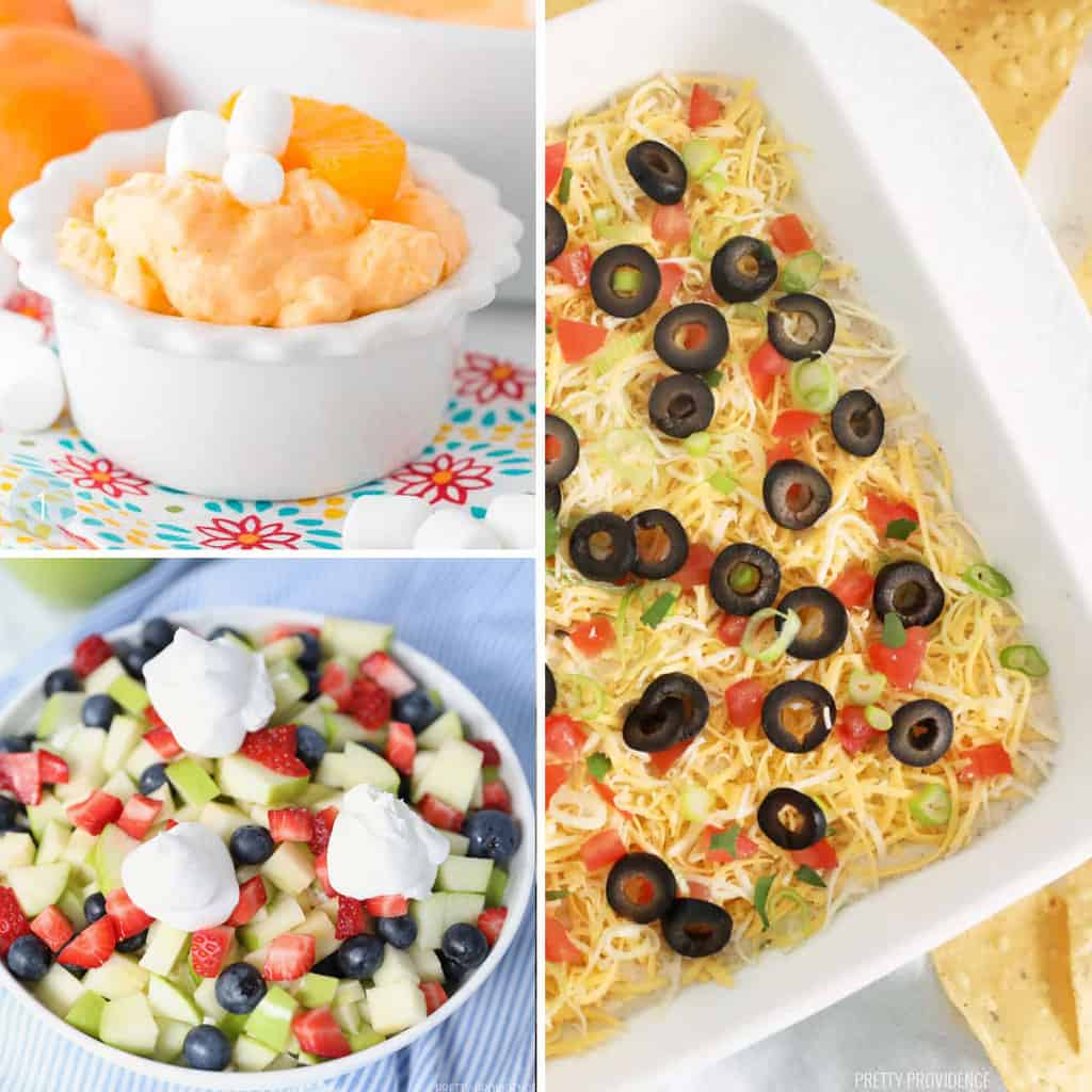 Collage of three photos: creamsicle fluff salad, fruit salad with whipped topping, and seven-layer bean dip.