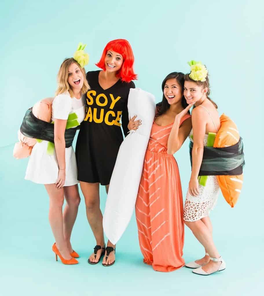Sushi group Halloween costumes made with pillows and white dresses.
