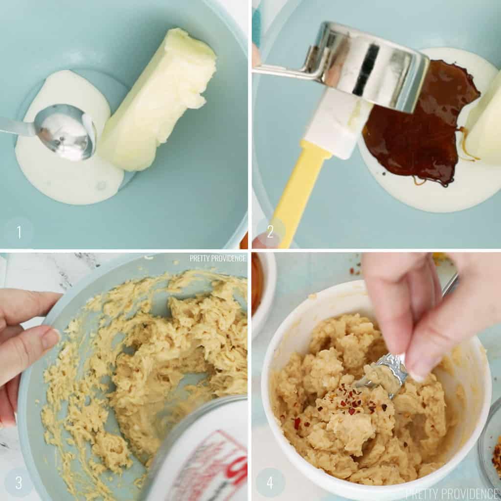How to make hot honey butter with red pepper flakes step by step collage of adding ingredients and whipping it with a hand mixer.