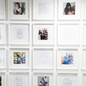 Close up image of a gallery wall of white square frames.