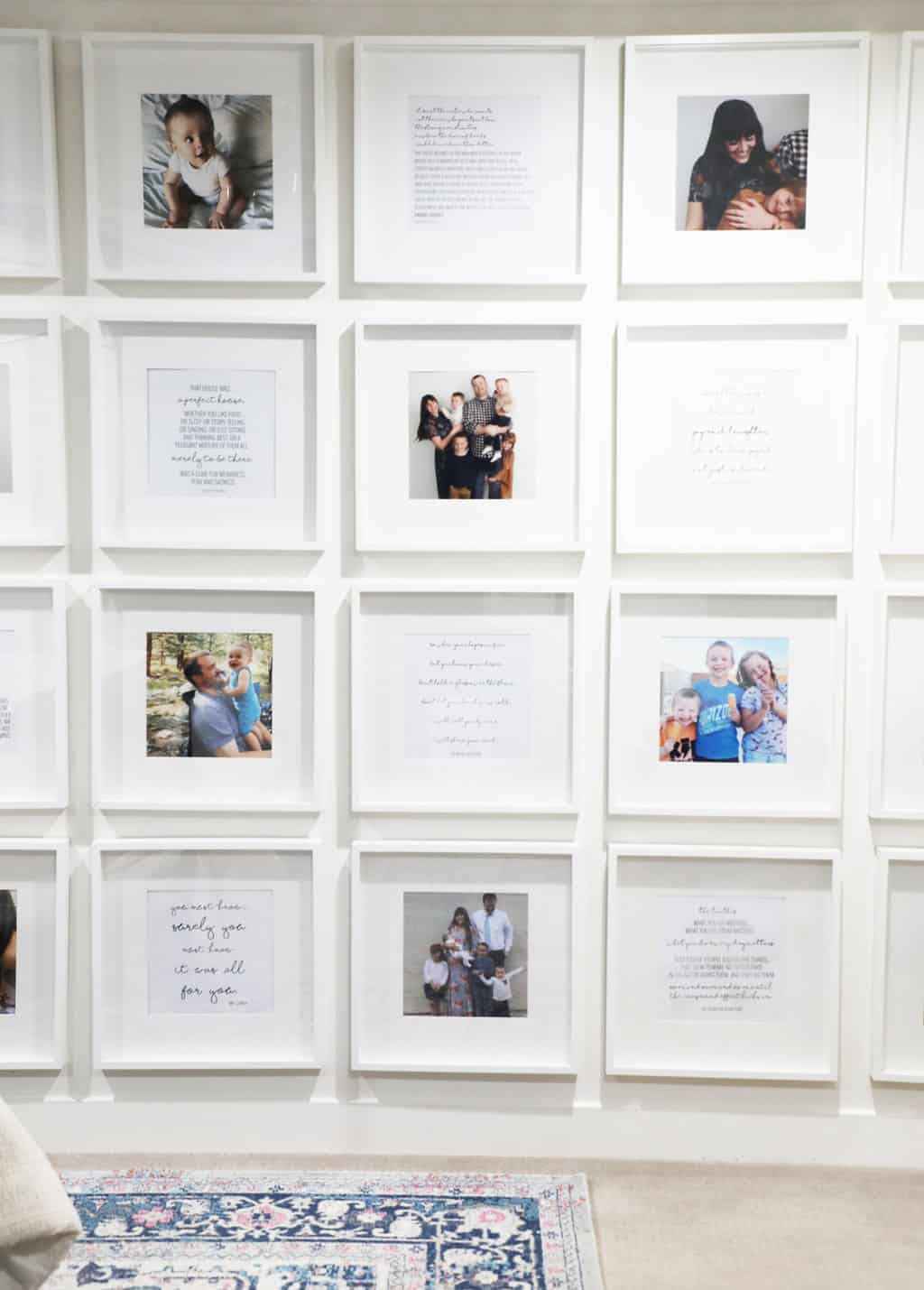 A photo of a 3x4 grid of square white frames in a photo gallery wall. 