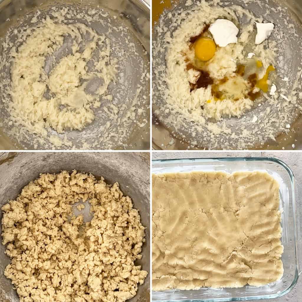 Four photos in a collage showing the steps to making a sugar cookie bar recipe. 