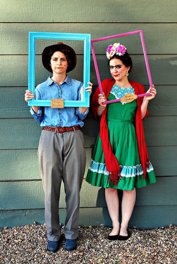 Two people dressed as Diego Rivera and Frida Kahlo for a Halloween costume.