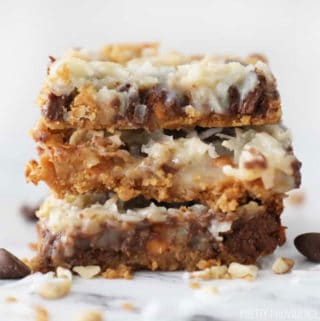three seven layer bars in a stack against a white background.