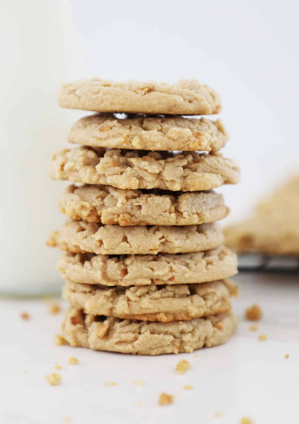 Close up shot of a tall stack of peanut butter cookies. 