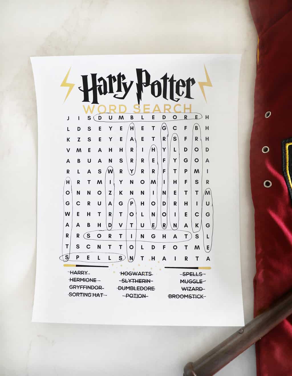 A Harry Potter word search with all the answers circled.