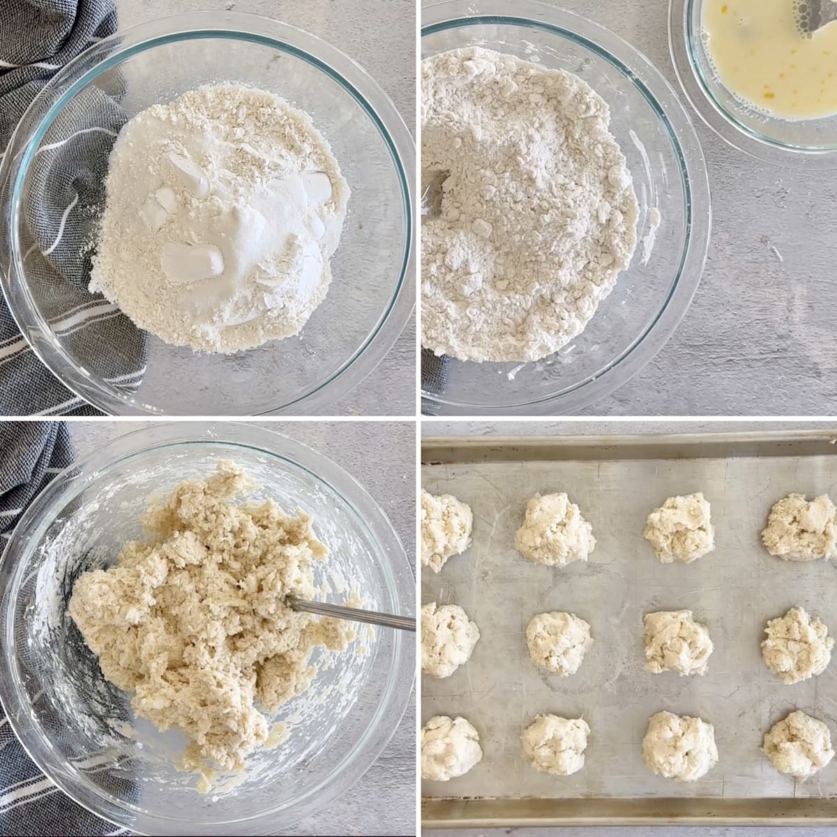 Step by step images in a collage showing how to make quick homemade biscuits.