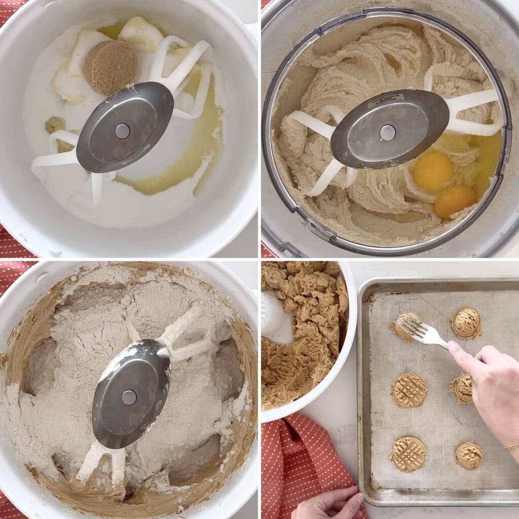 Step by step photo collage showing how to make peanut butter cookies.