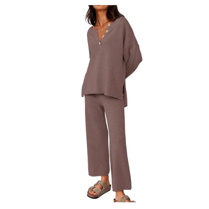 A brown slouchy knit top and bottom matching set on a woman's body.=