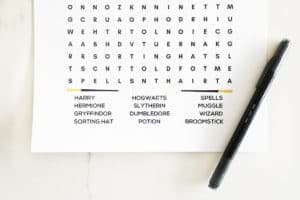 The bottom half of a Harry Potter word search, showing the words to find and a black pen.