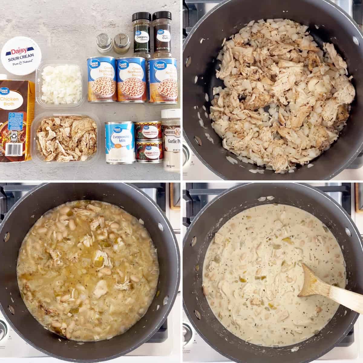 A collage showing the steps for making healthy white chicken chili. 