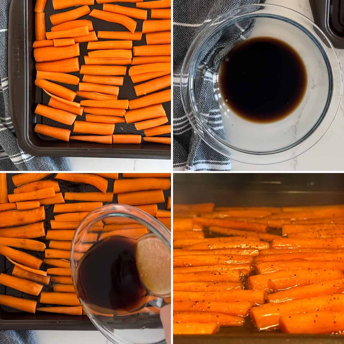 Four step by step photos showing how to make balsamic roasted carrots. 