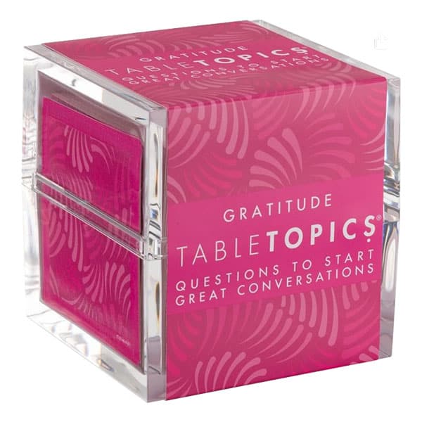 Pink box of Table Topics conversation cards - gratitude version.