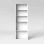 tall white bookshelf with five shelves.