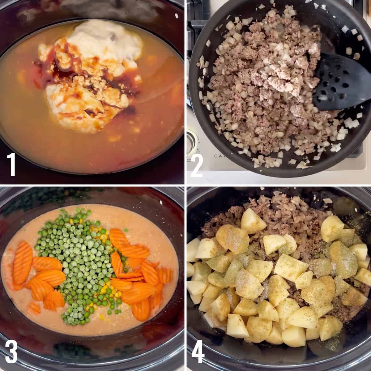 Four step by step photos showing how to make beef stew in the slow cooker. 